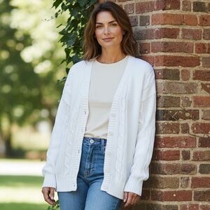 White Cable-Knit Button Front Cotton Cardigan Sweater Size XL